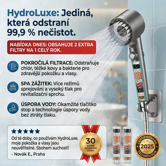 HYDROLUXE Originál™ - Odstraňuje chlor a vodní kámen ze sprchy. Zvyšuje tlak vody, takže s každým použitím šetří vodu. (Dnes obsahuje 2 další filtry ZDARMA, na celý rok) Snadná a univerzální instalace.